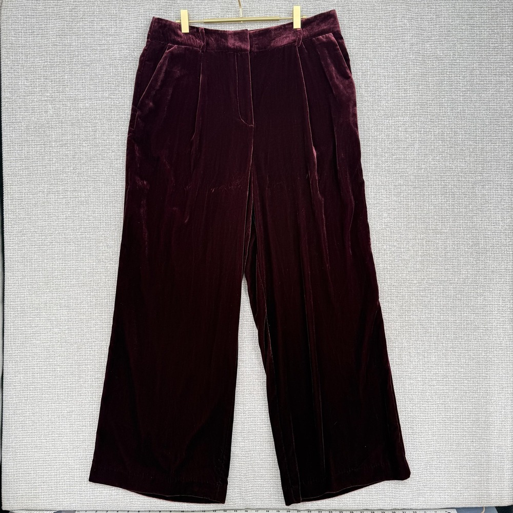 LOFT Pants Womens 12 Velvet Wide Leg Trousers Burgundy Wine Dressy Slacks Lined